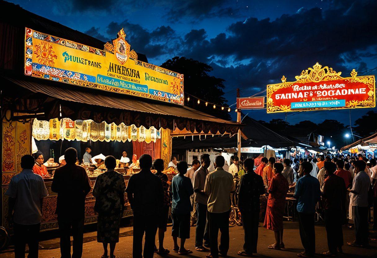 A vibrant street scene in an Indonesian town, showcasing a bustling cinema marquee illuminated at night, with locals queuing excitedly. Include traditional Indonesian elements like batik decorations and street food stalls, while capturing the warm glow of street lamps creating an inviting atmosphere. Highlight the diverse audience engaged in lively conversation about cinema. super-realistic. vibrant colors. cinematic lighting.