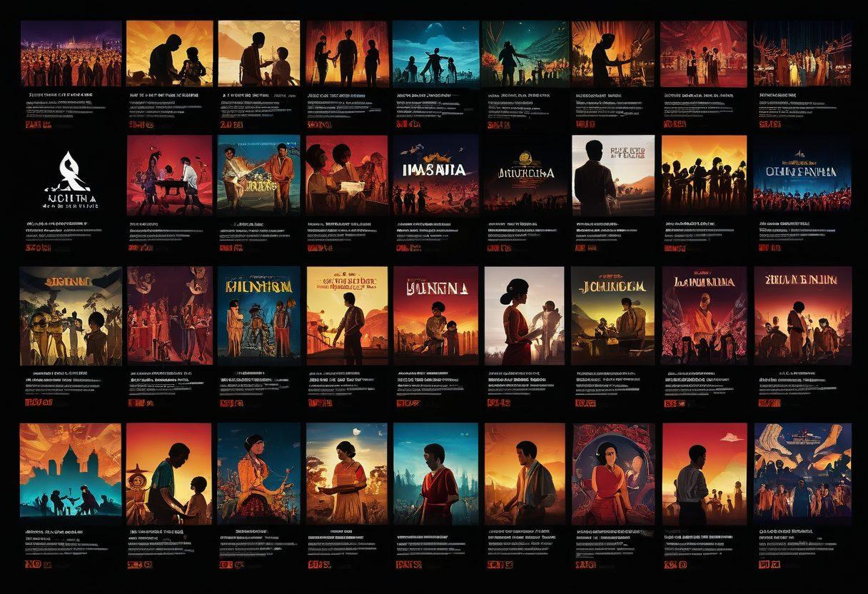 A vibrant montage illustrating the evolution of Indonesian adult cinema, featuring iconic film scenes, diverse genre representations like drama and romance, and sleek modern platforms streaming films. Include a silhouette of an engaged audience, with glowing screens in a dark cinema setting to represent community engagement. Incorporate traditional Indonesian motifs subtly in the backdrop to highlight cultural roots. super-realistic. vibrant colors. cinematic style.