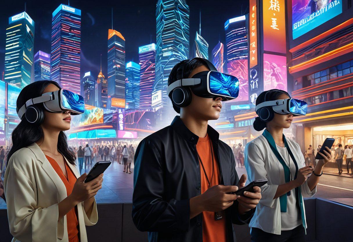 A creative depiction of a diverse group of people engaging with technology in a modern setting, showcasing various forms of adult entertainment such as VR headsets, mobile devices, and interactive displays, set against an evolving urban backdrop that reflects Indonesia's cultural heritage. The scene should convey a sense of exploration and change, with vibrant colors highlighting the digital age. futuristic. vibrant colors. urban landscape.